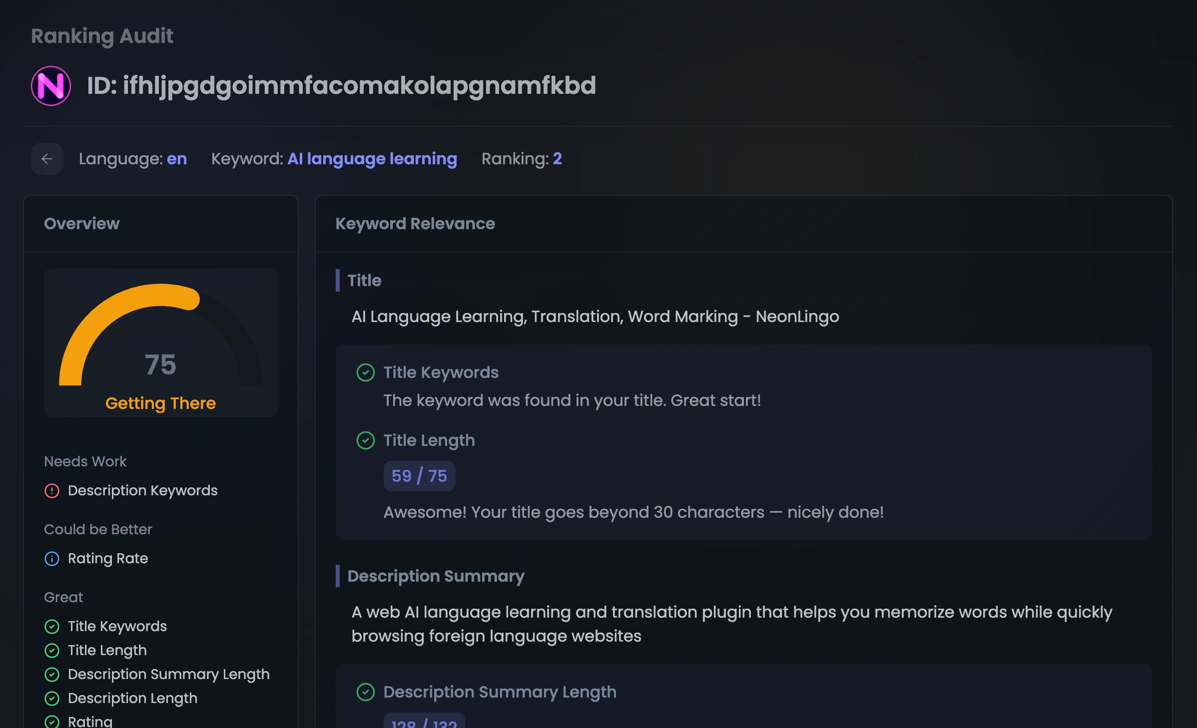 Extension Ranker feature - Ranking Audit