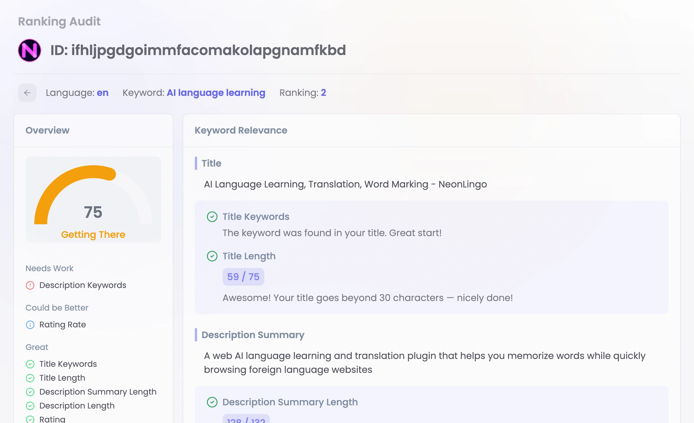 Extension Ranker feature - Ranking Audit