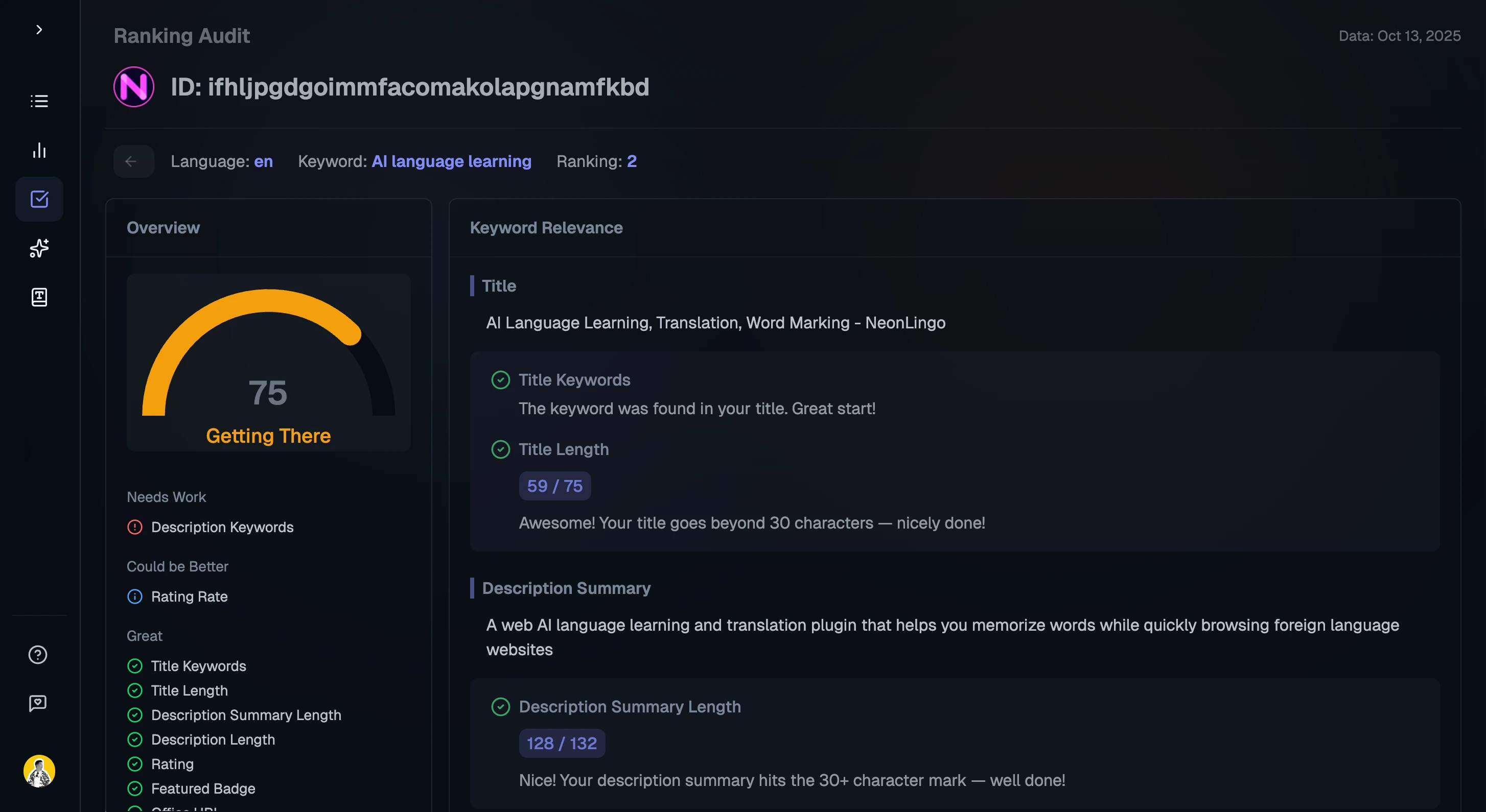 Extension Ranker feature - Ranking Audit