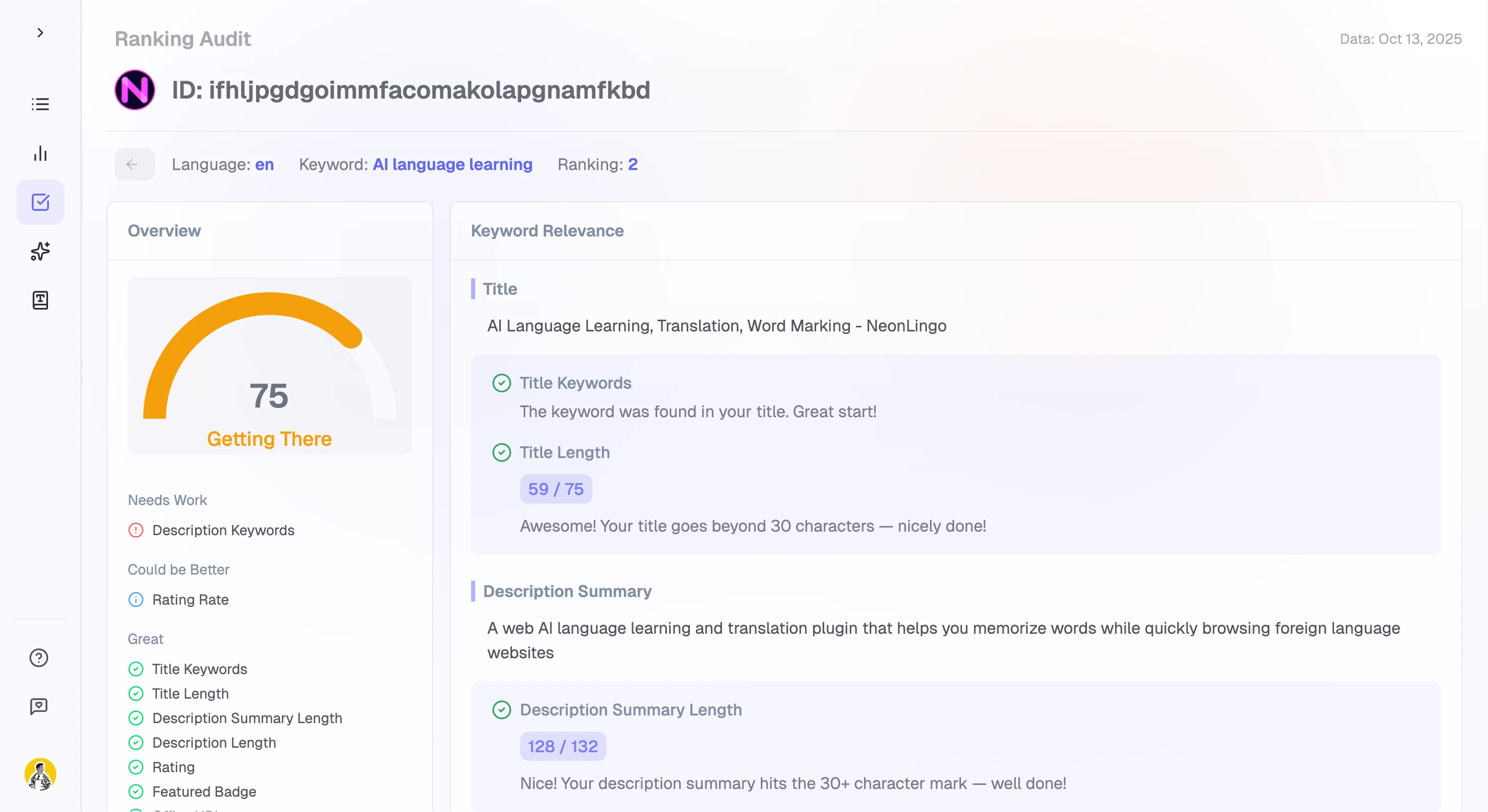 Extension Ranker feature - Ranking Audit