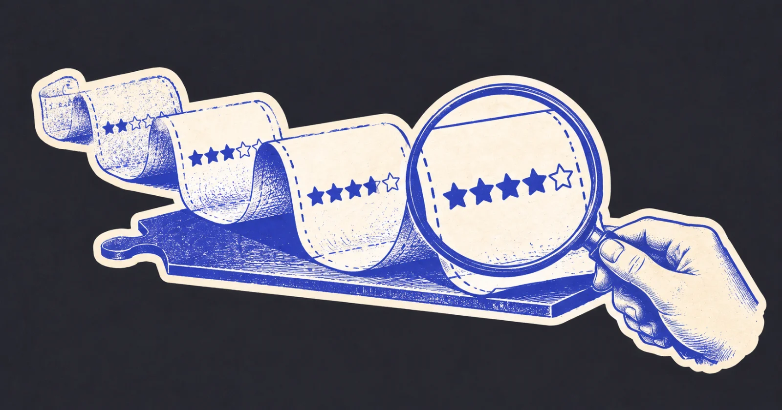 Magnifying glass examining recent star ratings, illustrating research into how recent reviews may influence Chrome Web Store rating calculations.