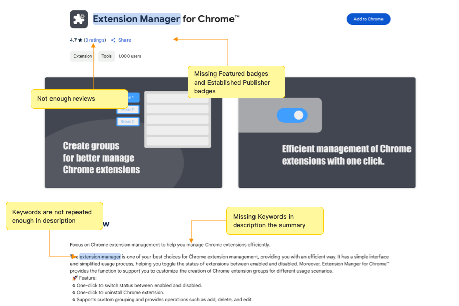 Listing Analyzes feature of Extension Ranker
