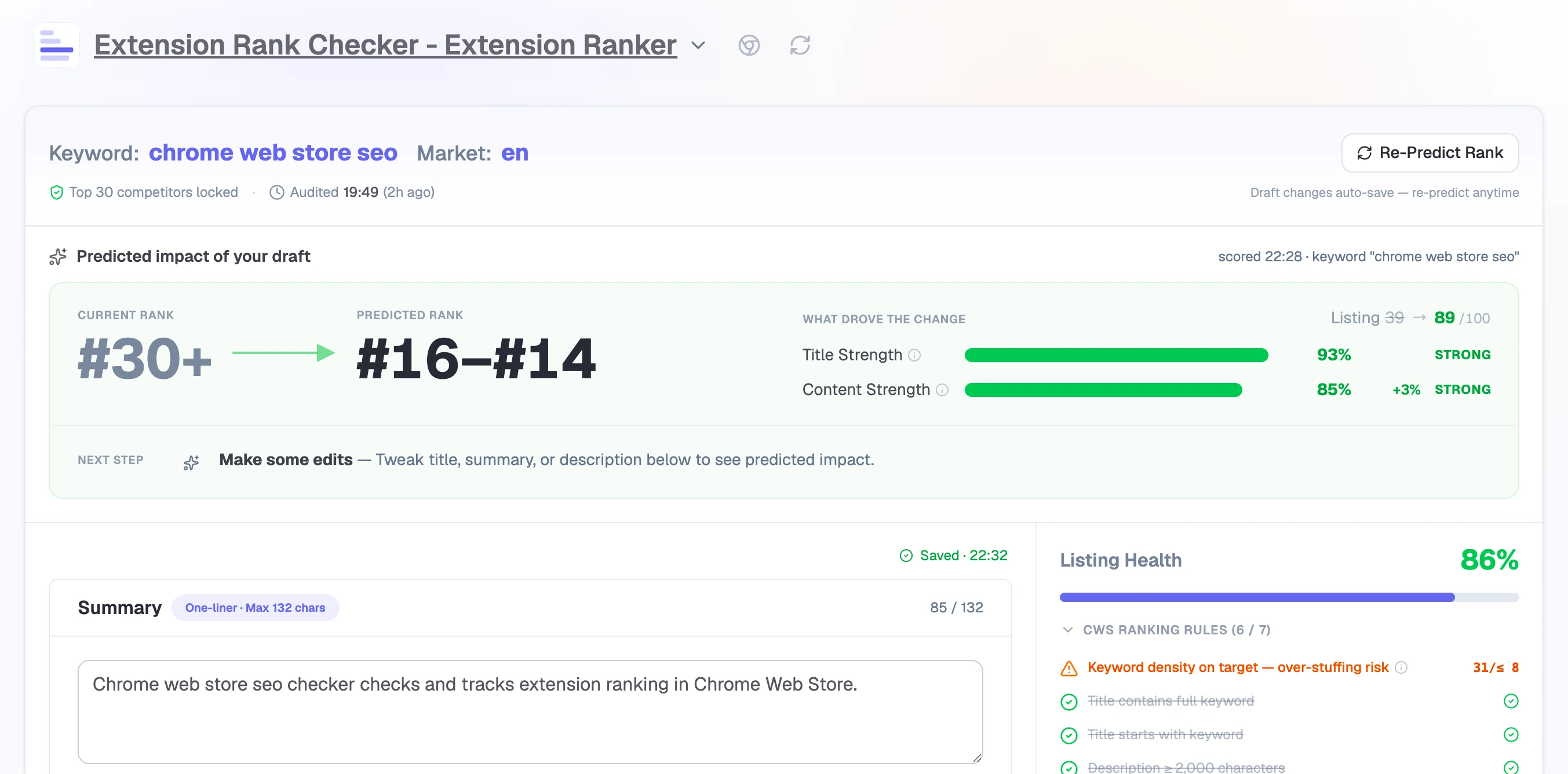 Listing Lab showing the predicted impact of an Extension Ranker listing draft